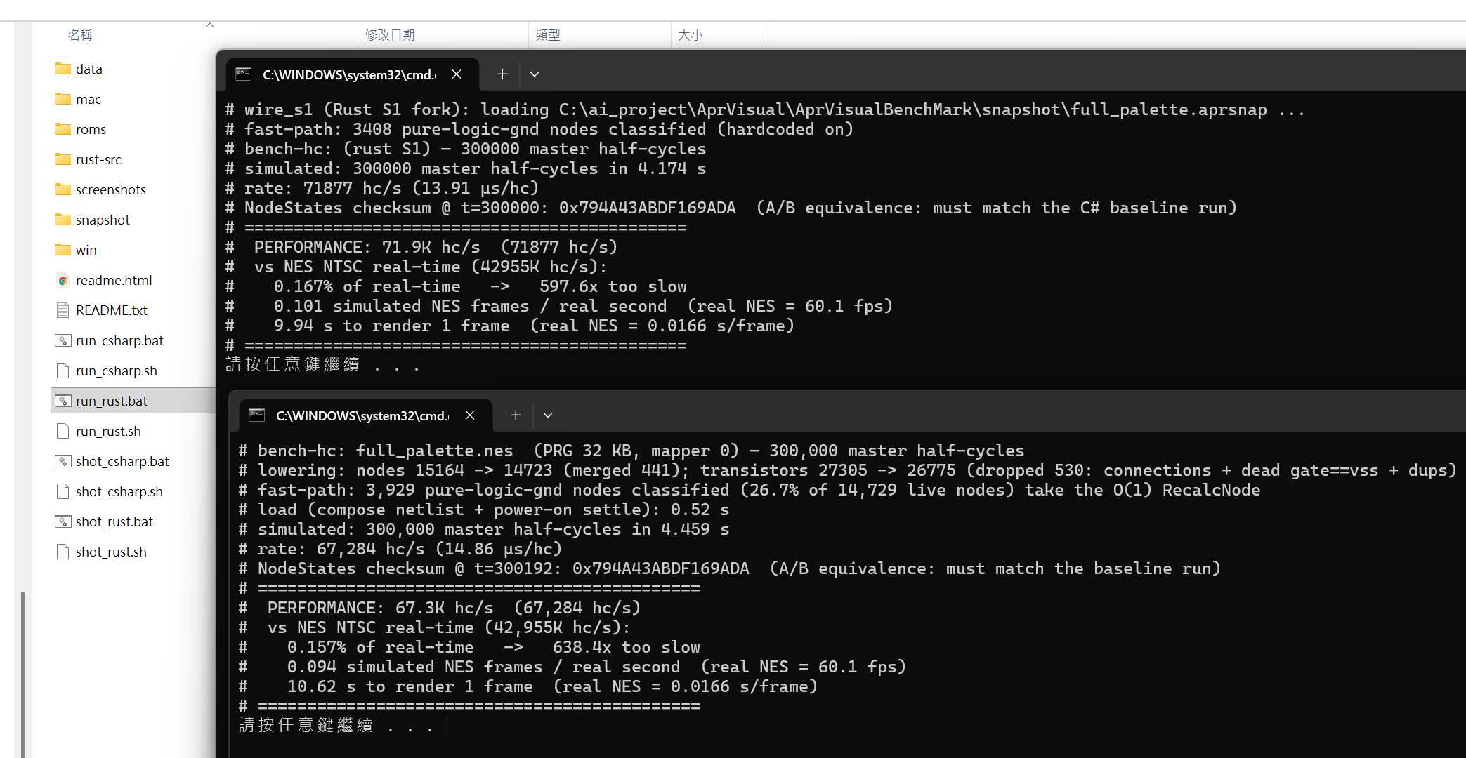 AprVisual benchmark result on the dev machine