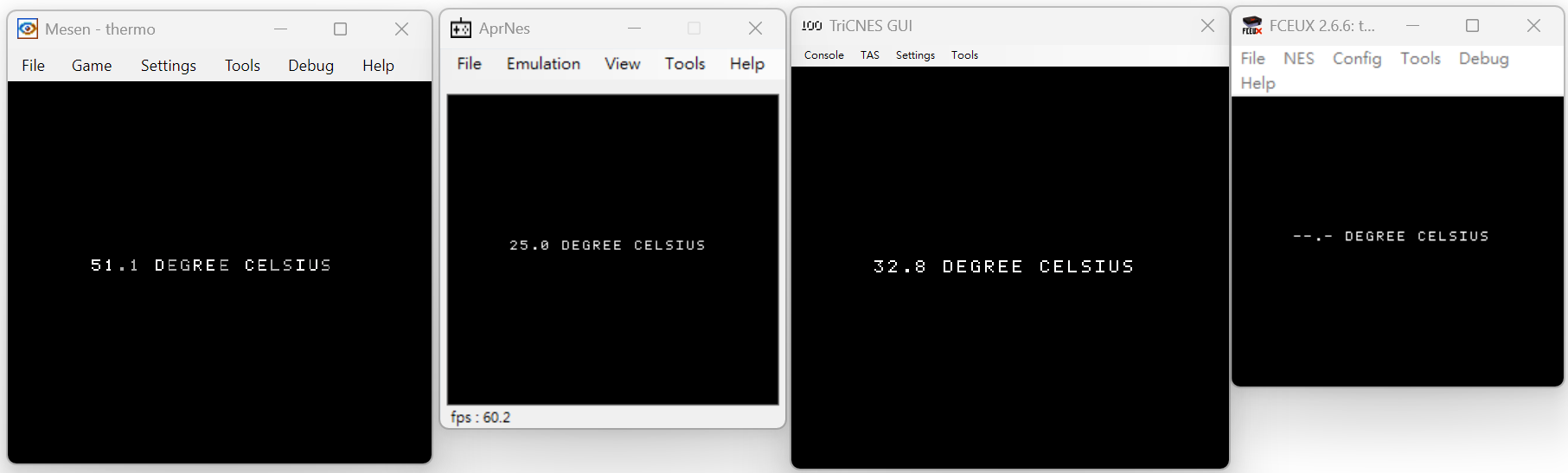 the same thermo.nes running in Mesen, AprNes, TriCNES and FCEUX